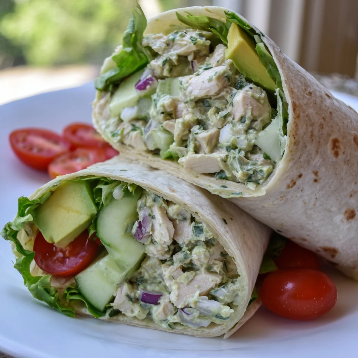 Tender shredded chicken coated in herby Green Goddess dressing, layered with crisp greens and sliced avocado inside a soft flour tortilla.