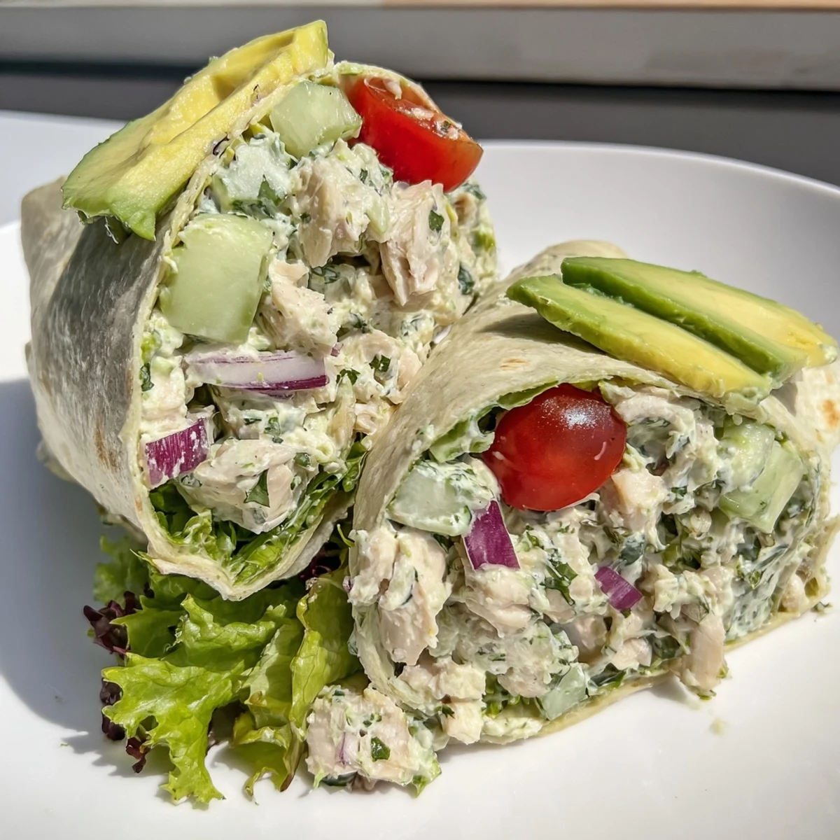 Freshly rolled Green Goddess Chicken Salad Wrap halves showcasing creamy avocado and mixed greens, perfect for a light and satisfying dinner.