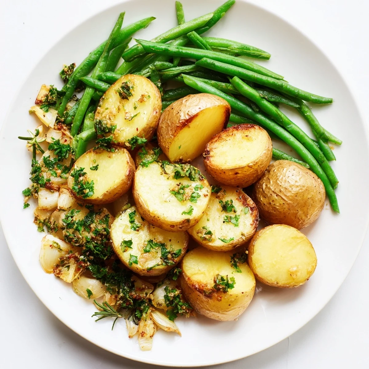 A close-up of crispy Garlic Herb Roasted Potatoes and Green Beans ready to serve.  