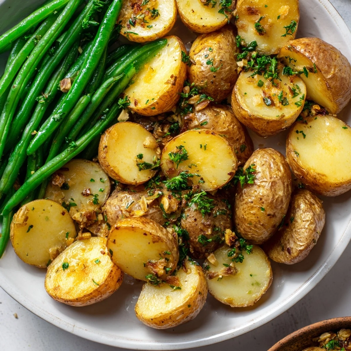 Freshly baked Garlic Herb Roasted Potatoes and Green Beans garnished with parsley.