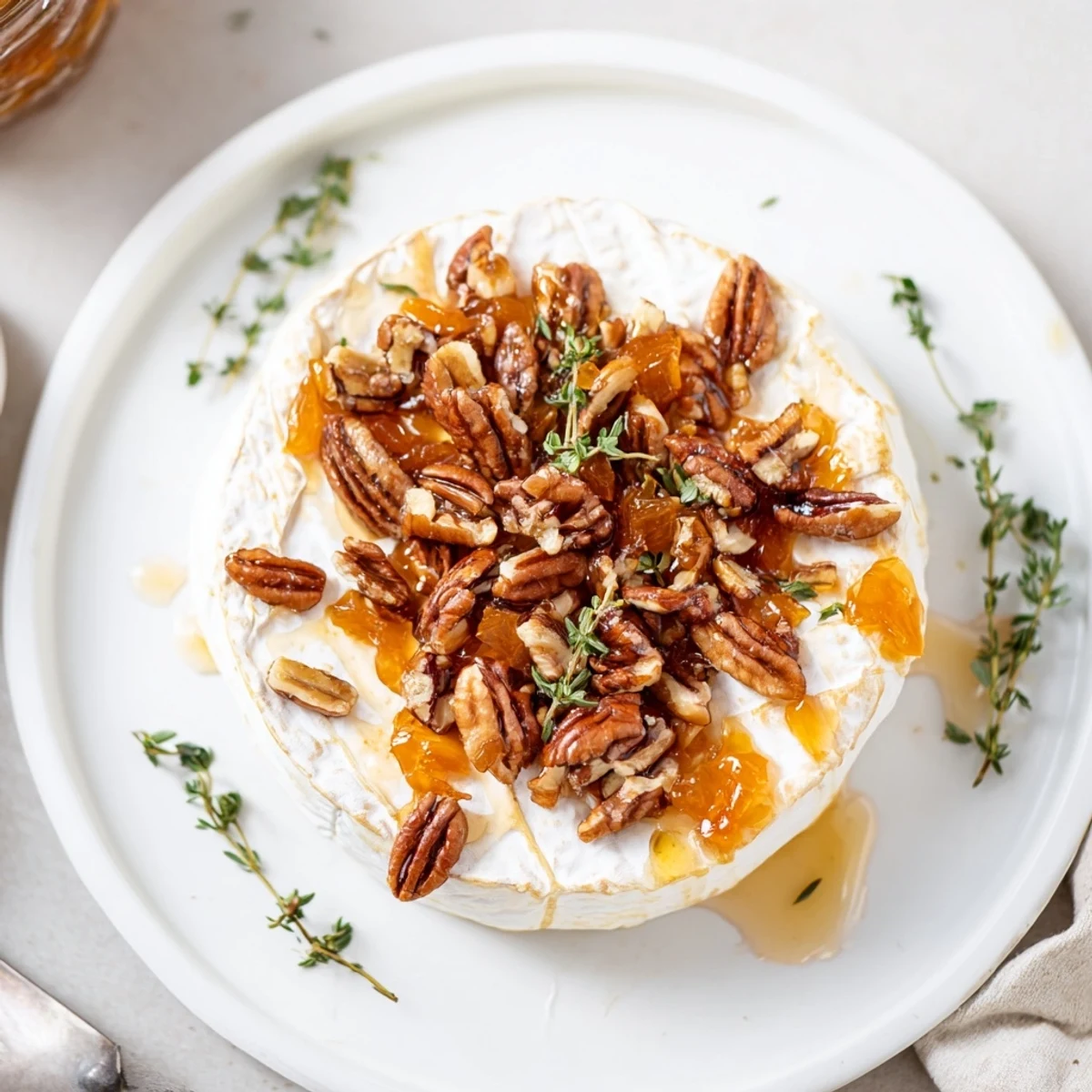 Creamy Brie topped with apricot preserves and crunchy pecans served with crackers.