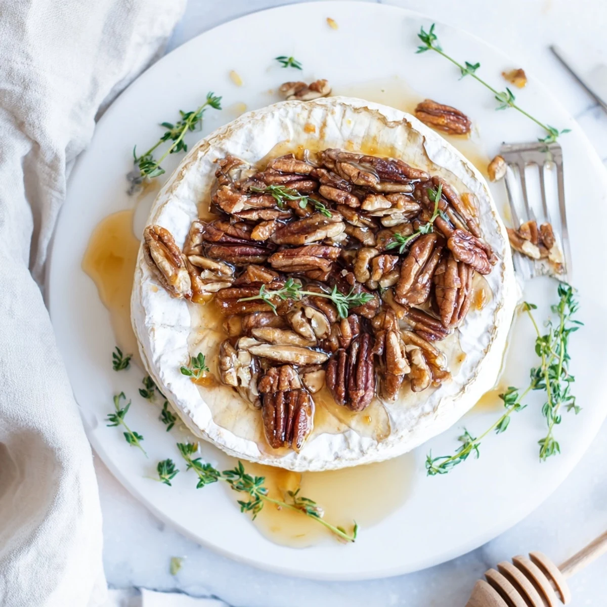 Warm Baked Brie with Apricot Preserves and Pecans garnished with thyme on platter.