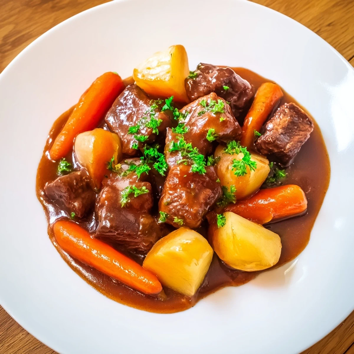 A steaming bowl of Irish Beef Stew with Rich Brown Gravy sits on a rustic table, garnished with fresh parsley and served with crusty bread.
