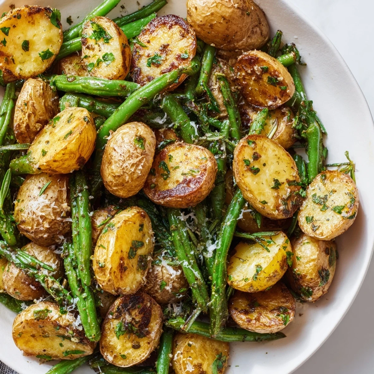 A close-up of golden Garlic Herb Roasted Potatoes and Green Beans drizzled with olive oil and served warm.