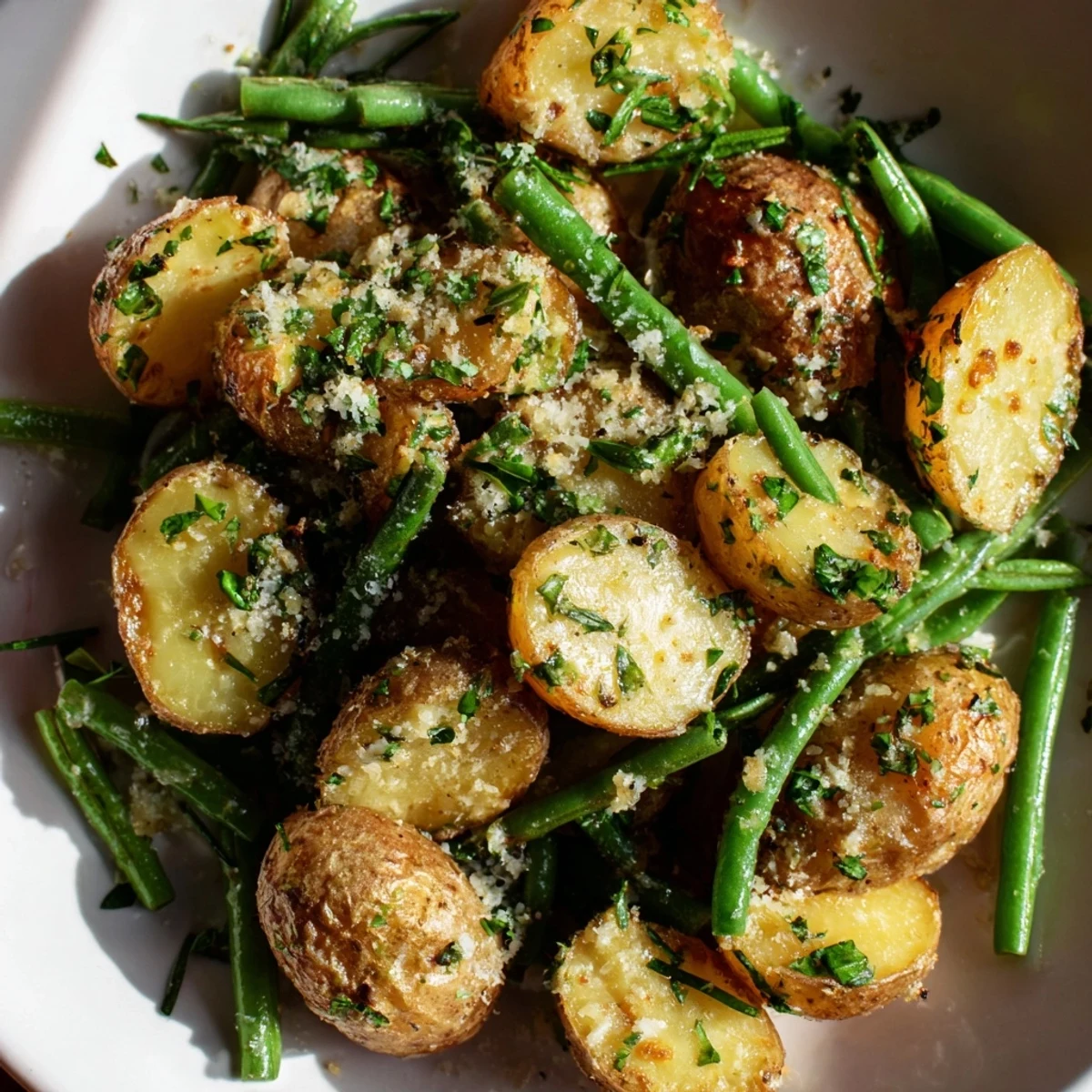 Roasted potatoes and green beans with garlic and herbs garnished with parsley on a white plate.