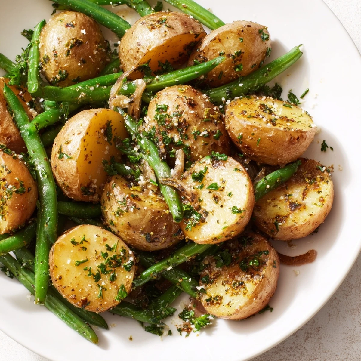 Vibrant green beans and crispy potatoes tossed with garlic and rosemary, ready to serve alongside a main dish.