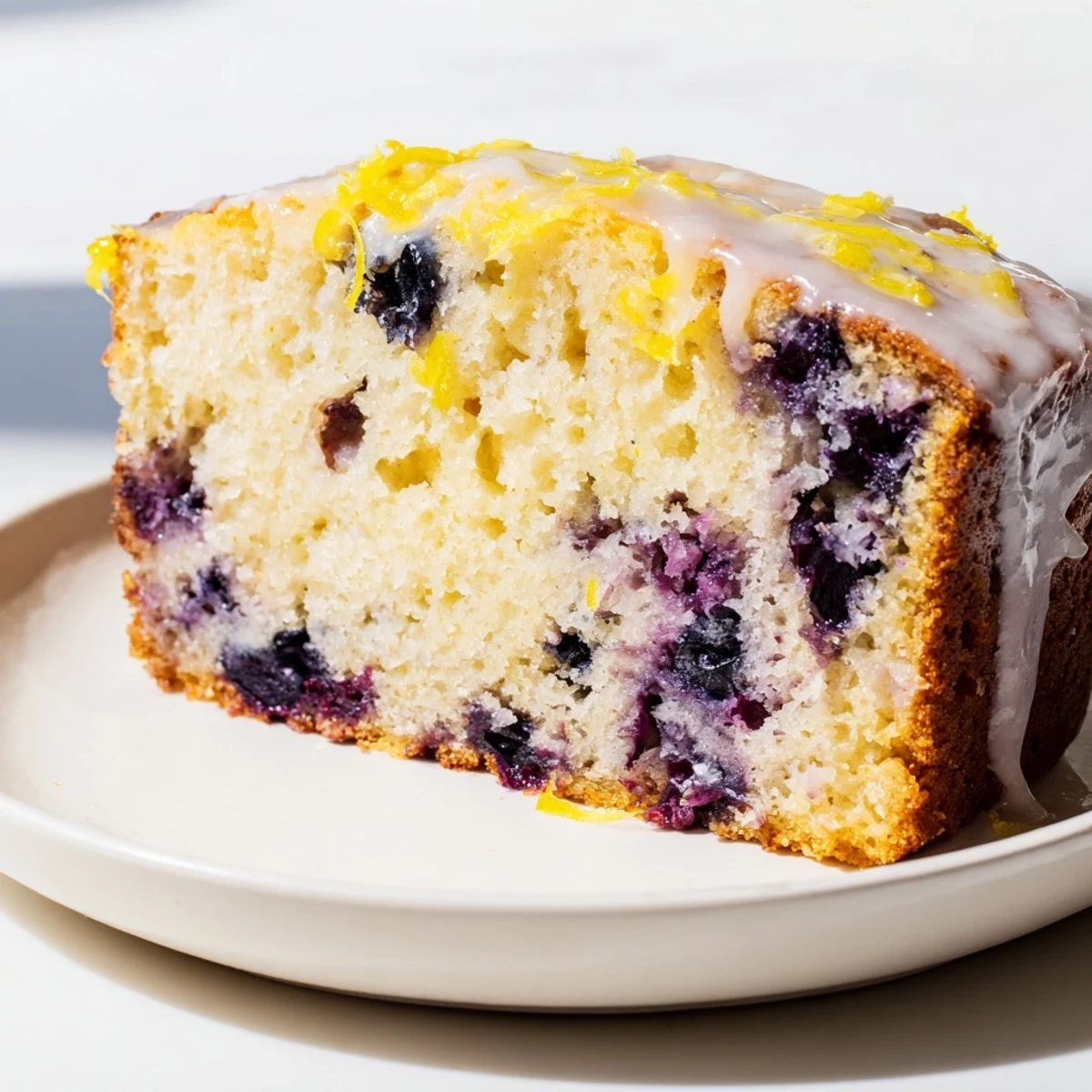 Freshly baked Lemon Blueberry Yogurt Loaf Cake with a sweet lemon glaze drizzled over the top.