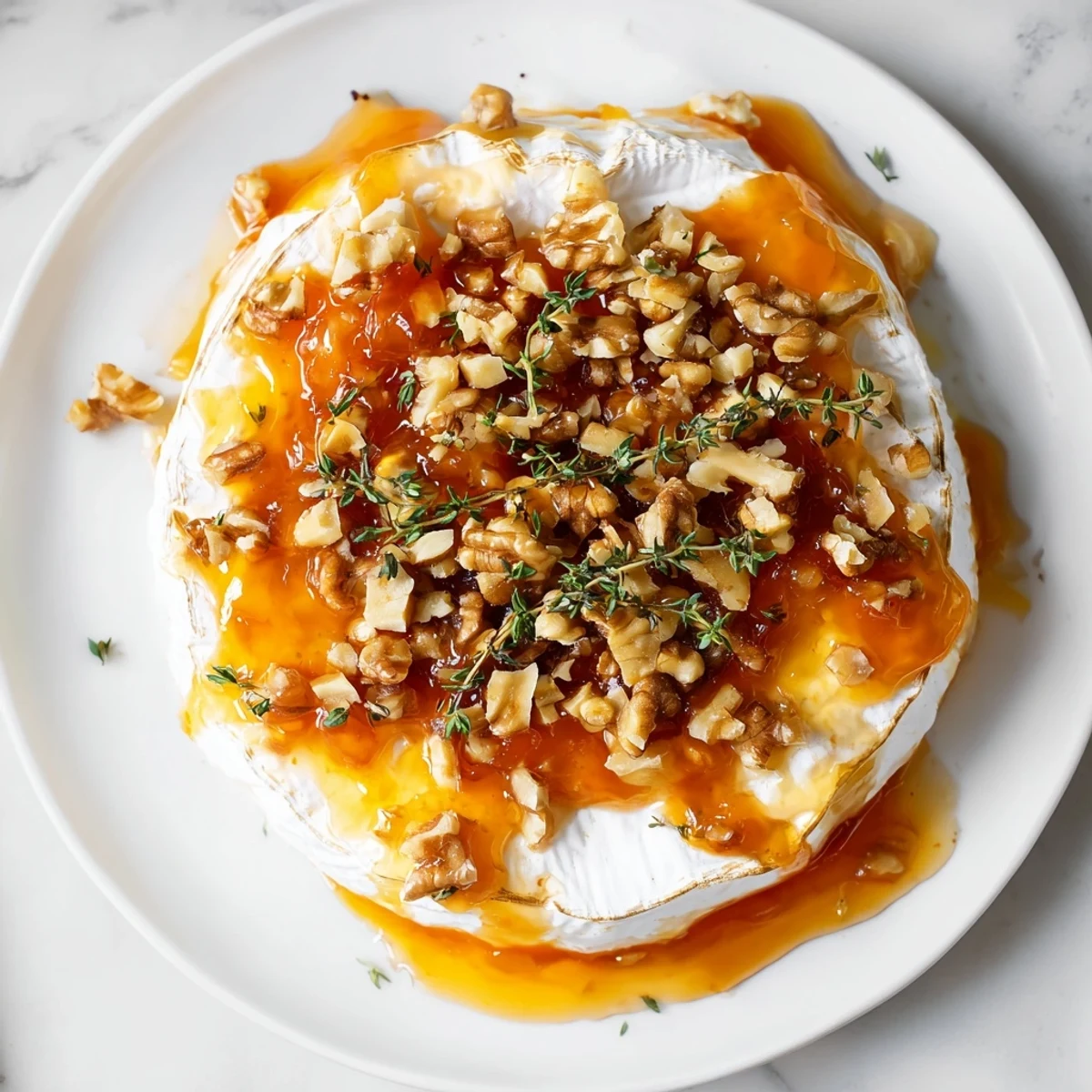 A close-up of warm Brie with apricot preserves and walnuts, garnished with thyme and served alongside crusty baguette slices.