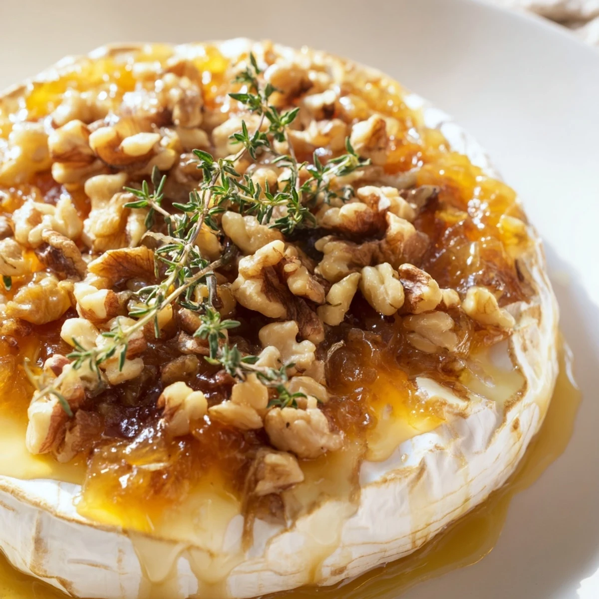 Freshly baked Brie with apricot preserves and walnuts bubbling on a wooden serving board, ready to be scooped with crackers.