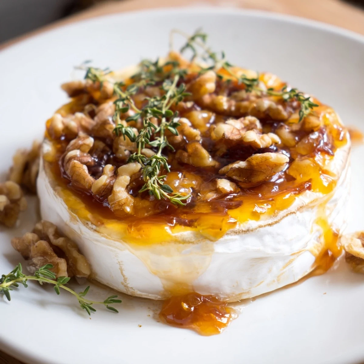Golden Brie topped with apricot preserves and chopped walnuts, freshly baked and paired with assorted crackers for a party appetizer.