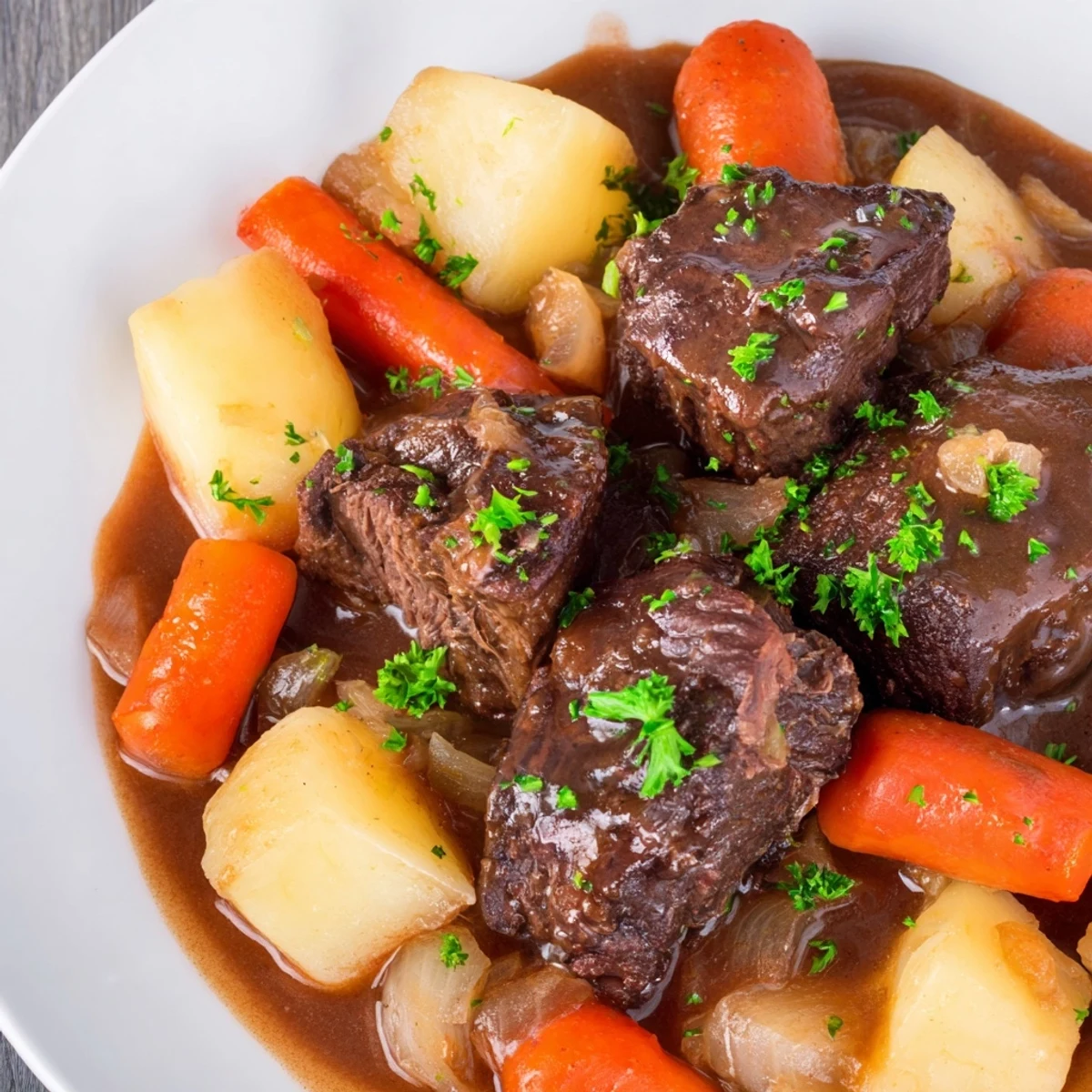Golden brown beef cubes simmering in a rich, dark gravy with tender carrots and potatoes in a classic Irish Beef Stew.