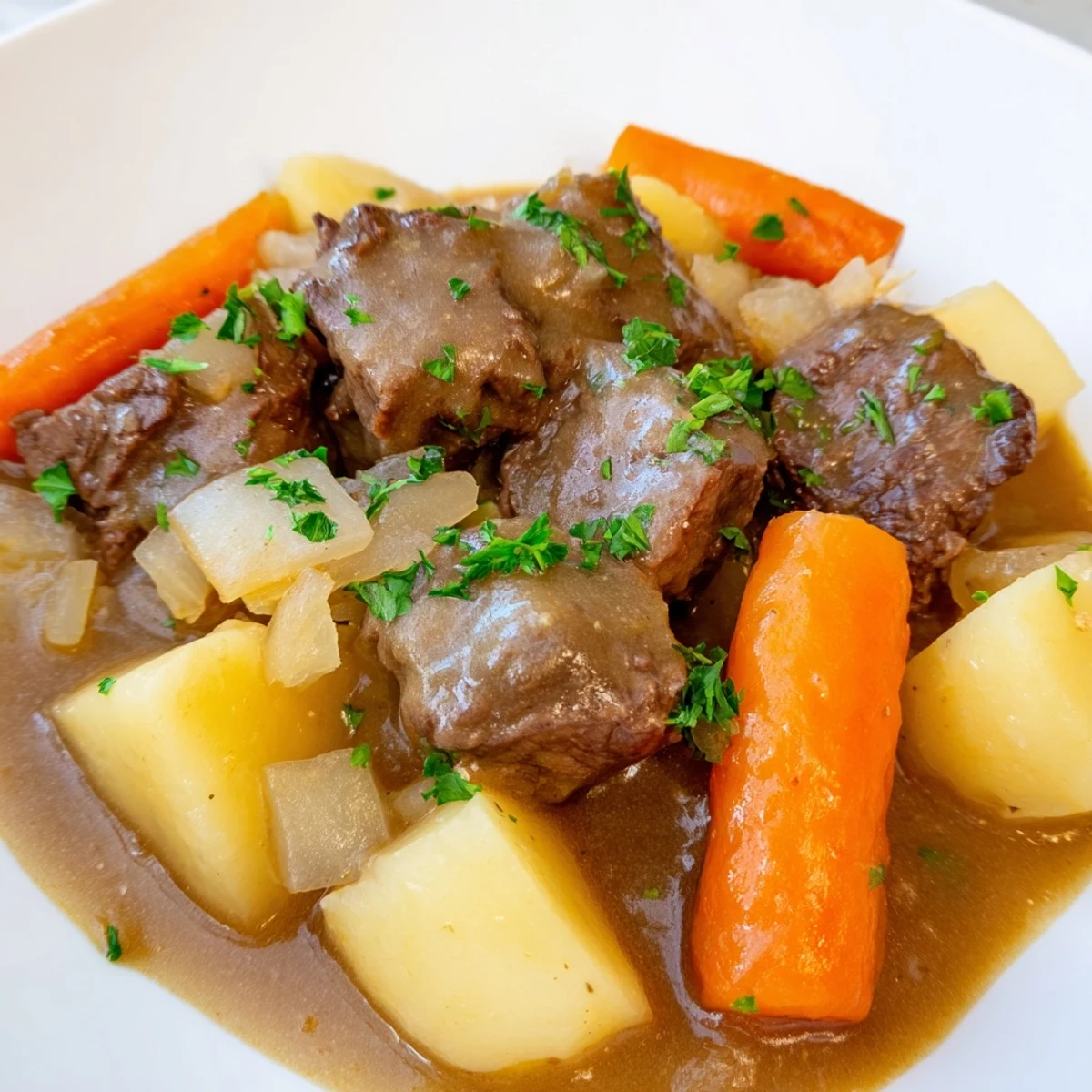 A close-up view of a hearty Irish Beef Stew served in a rustic bowl, garnished with fresh parsley for a pop of color.