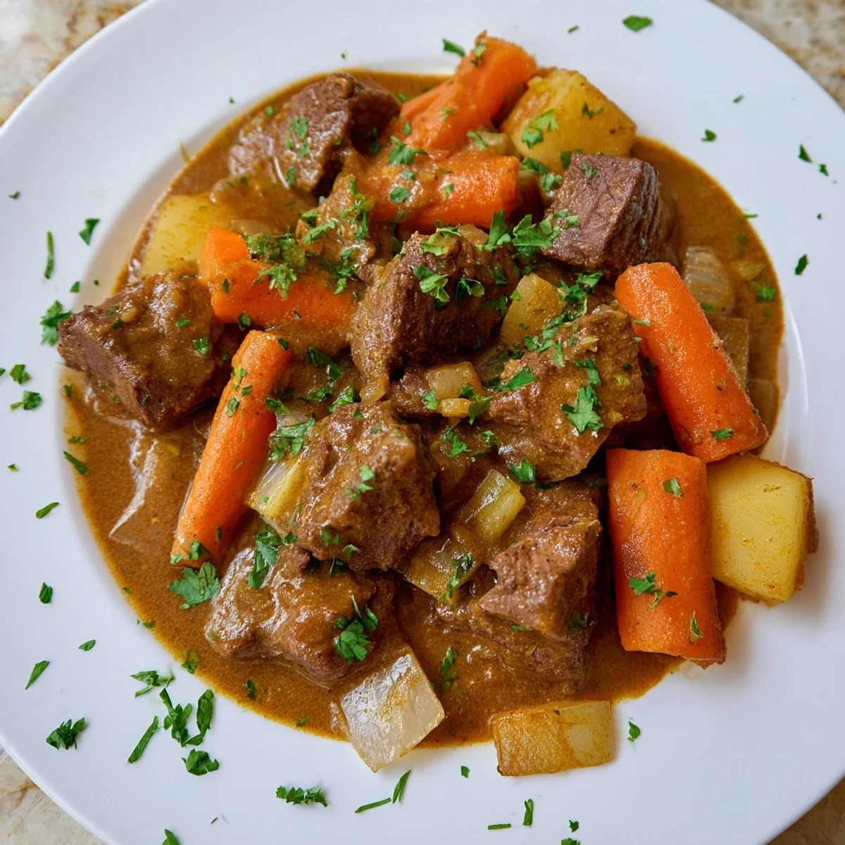 Steaming hot Irish Beef Stew with thick, savory gravy, root vegetables, and chunks of tender beef ready to be served.