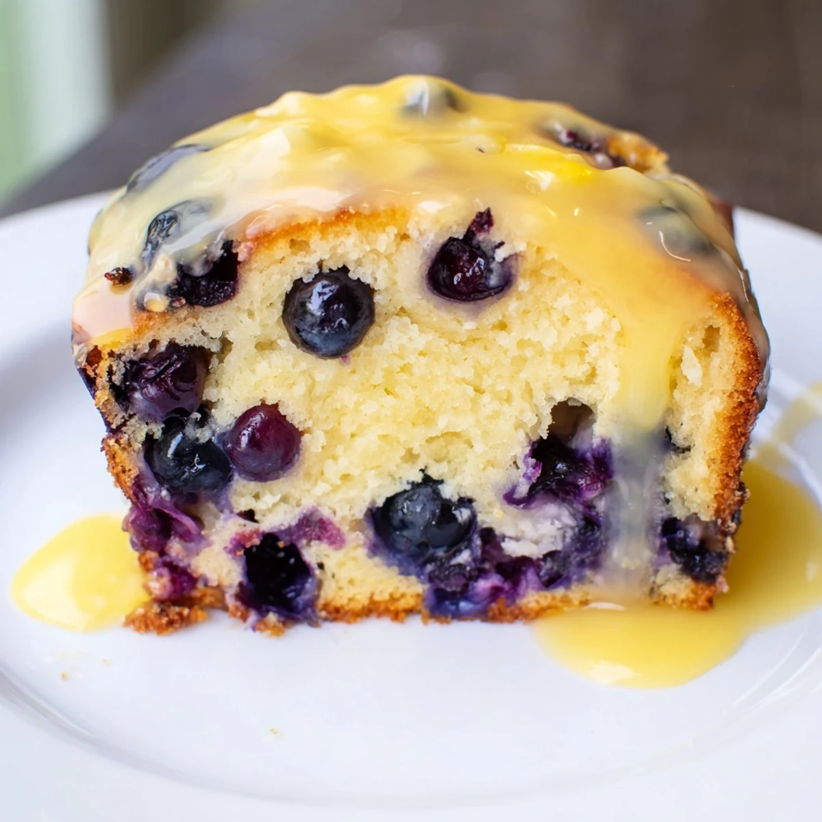 Freshly baked Lemon Blueberry Yogurt Loaf Cake with a shiny lemon glaze, topped with a few whole berries.