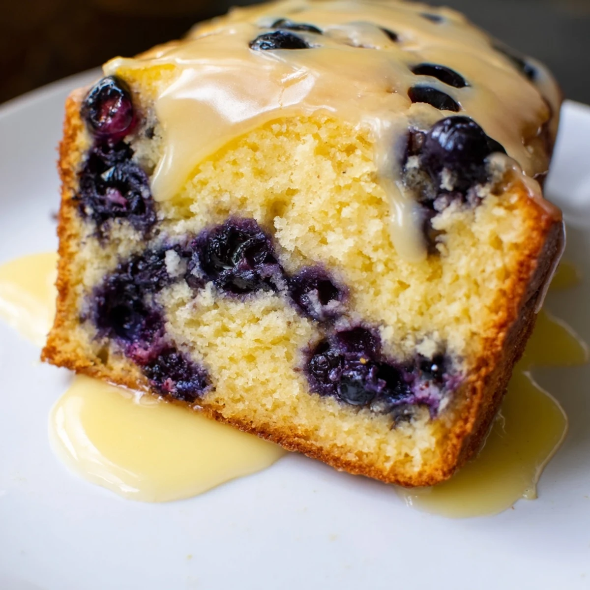 Slice of moist Lemon Blueberry Yogurt Loaf Cake on a plate with a cup of tea for a cozy afternoon treat.