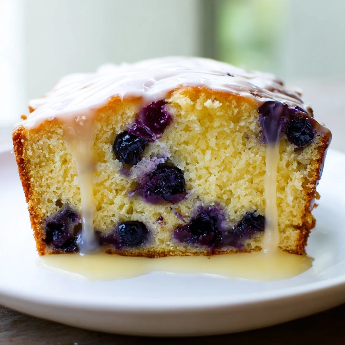 Homemade Lemon Blueberry Yogurt Loaf Cake drizzled with sweet citrus glaze, showing juicy blueberries inside the tender crumb.