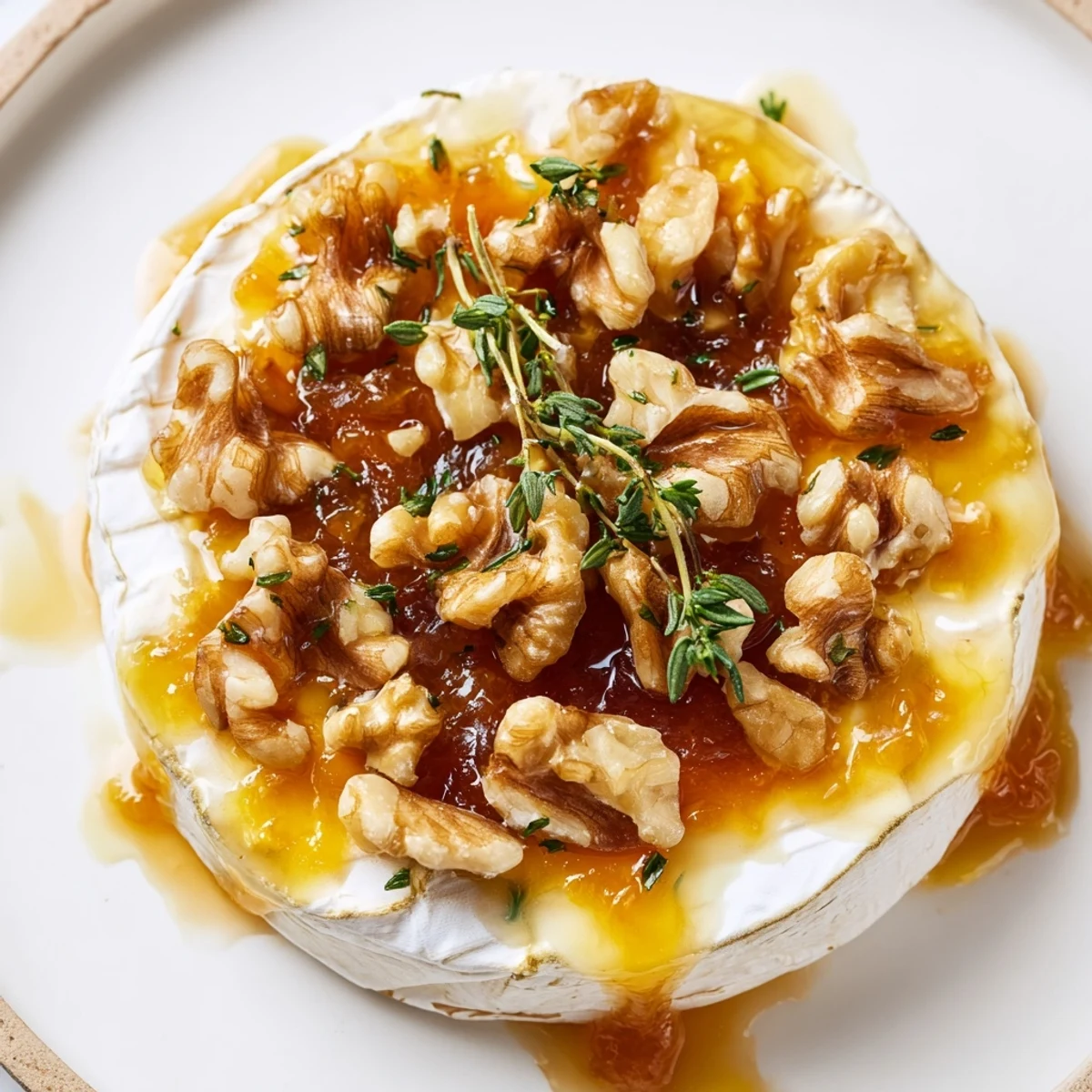 Close-up of baked Brie with apricot preserves and walnuts bubbling beside sliced baguette and crisp apple wedges.  