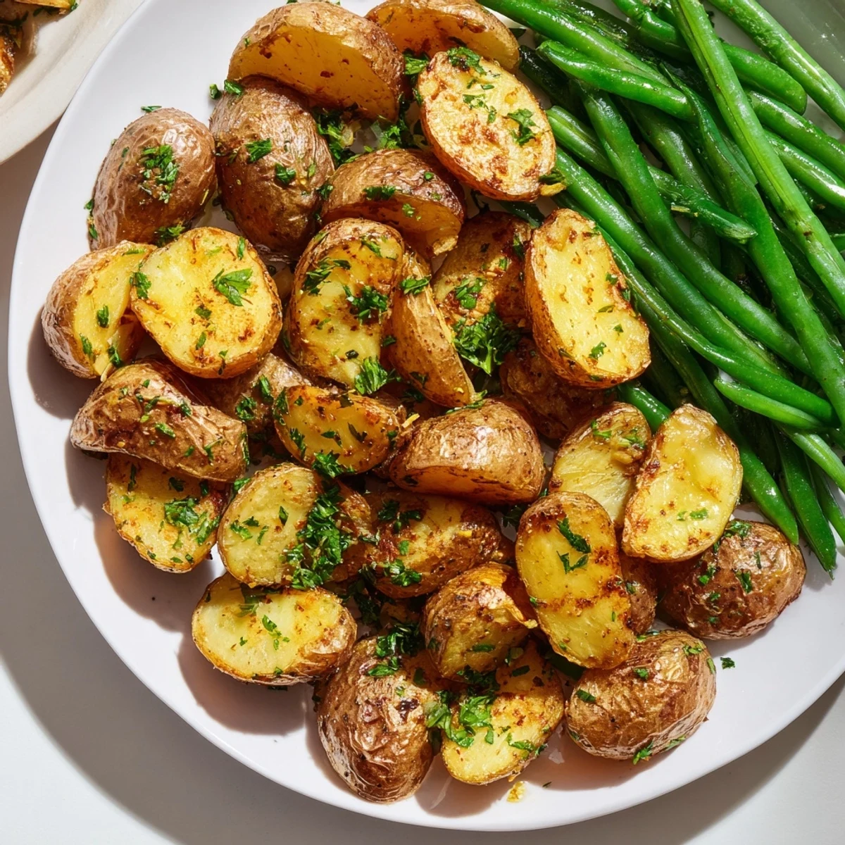 Golden roasted potatoes and bright green beans tossed with minced garlic and fresh parsley on a baking sheet. Garlic Herb Roasted Potatoes and Green Beans, a savory American side dish.