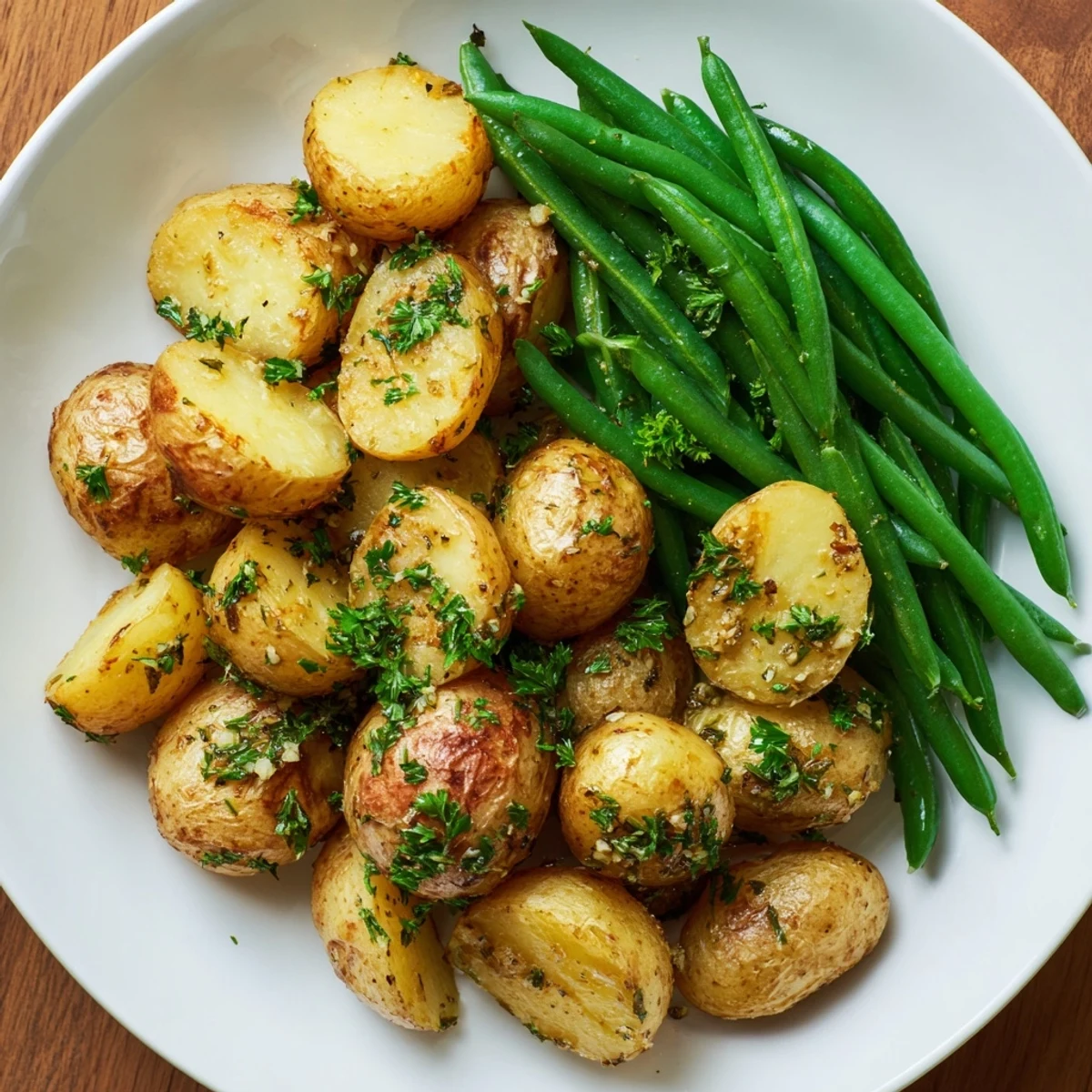 Garlic Herb Roasted Potatoes and Green Beans arranged on a rustic platter with steam rising. Perfectly crisp beans and tender potatoes for a flavorful weeknight dinner.