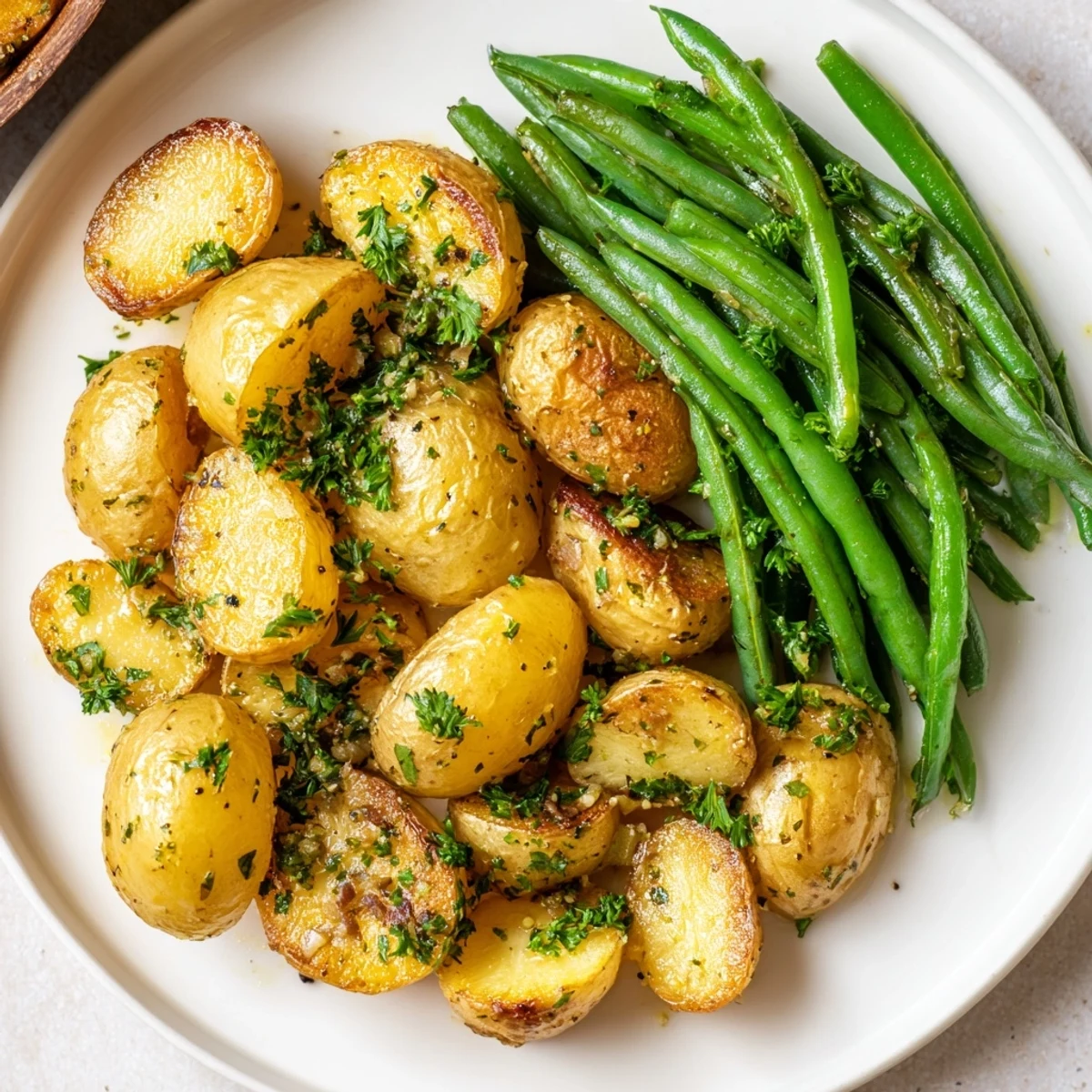 Close-up of Garlic Herb Roasted Potatoes and Green Beans glistening with olive oil and herbs. Served hot as a gluten-free vegetarian dinner side for family meals.