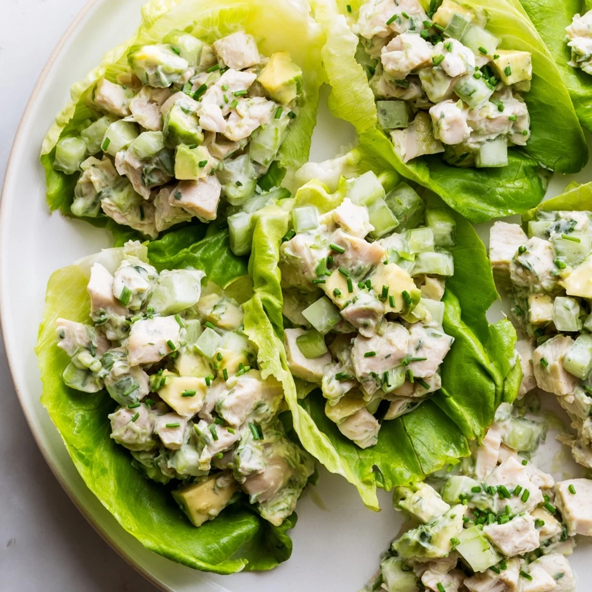 Bright herbaceous chicken salad with diced avocado and cucumber, ready to serve inside chilled lettuce wraps.