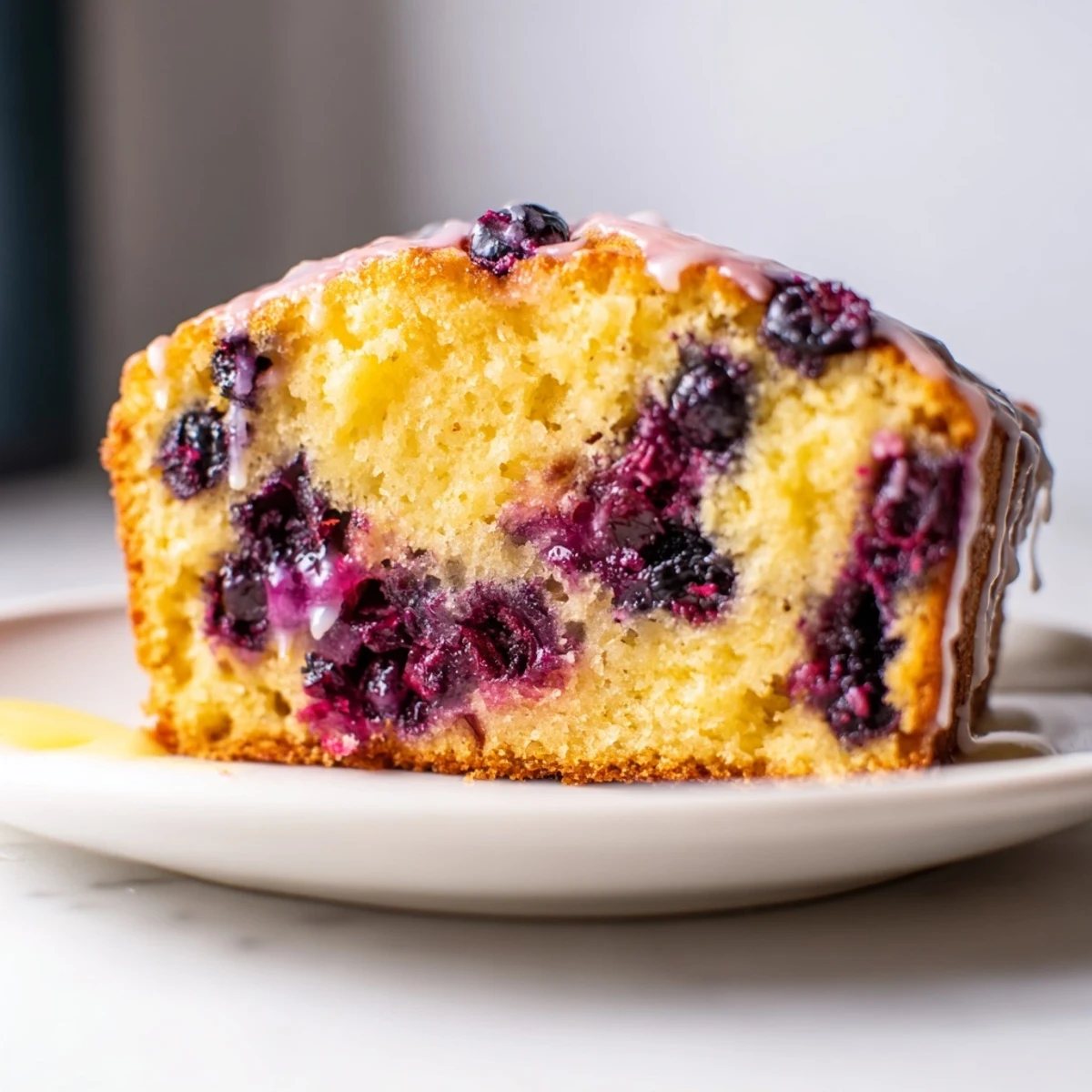 Close-up of a golden Lemon Blueberry Yogurt Loaf Cake with a glistening citrus glaze drizzled over fresh blueberries.