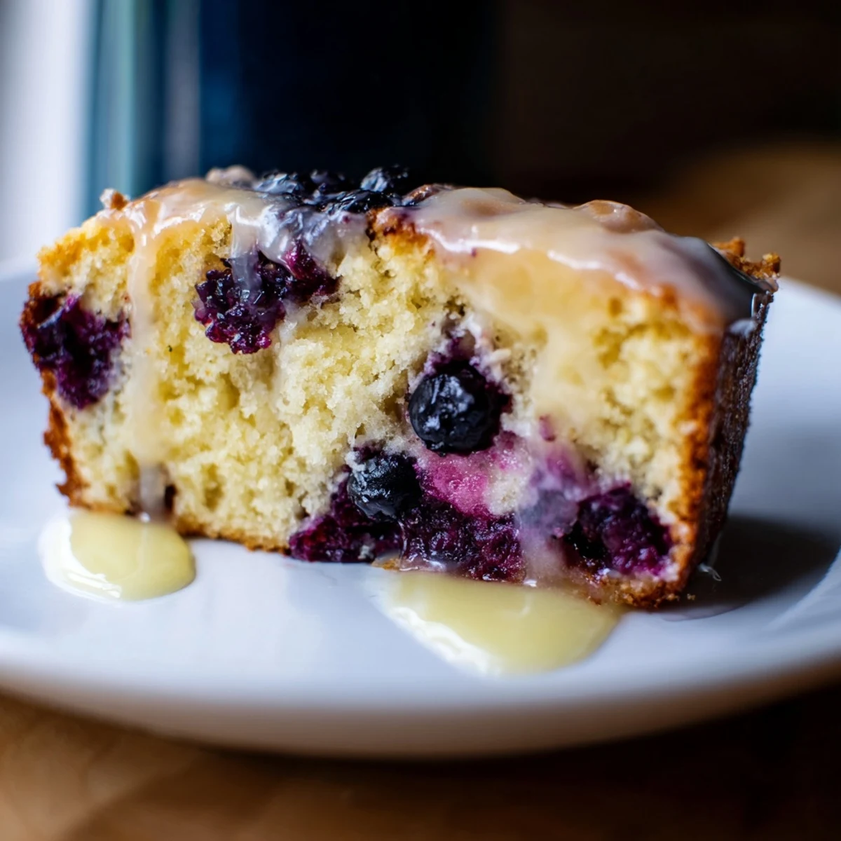 Slice of moist Lemon Blueberry Yogurt Loaf Cake served on a white plate beside a steaming cup of tea.