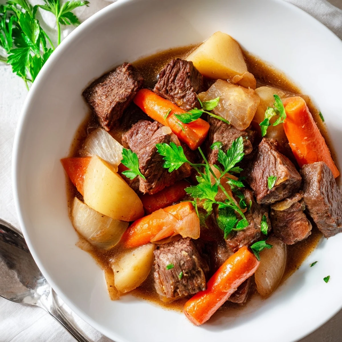 A steaming bowl of Irish Beef Stew with Rich Gravy, featuring tender beef chunks, carrots, and potatoes, garnished with fresh parsley.