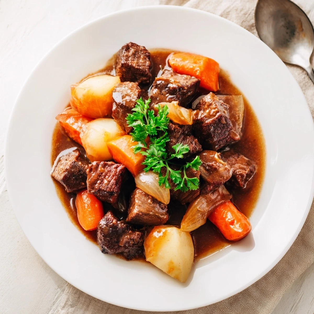 Hearty Irish Beef Stew with Rich Gravy served in a white bowl, surrounded by crusty bread slices and a spoon for dipping.
