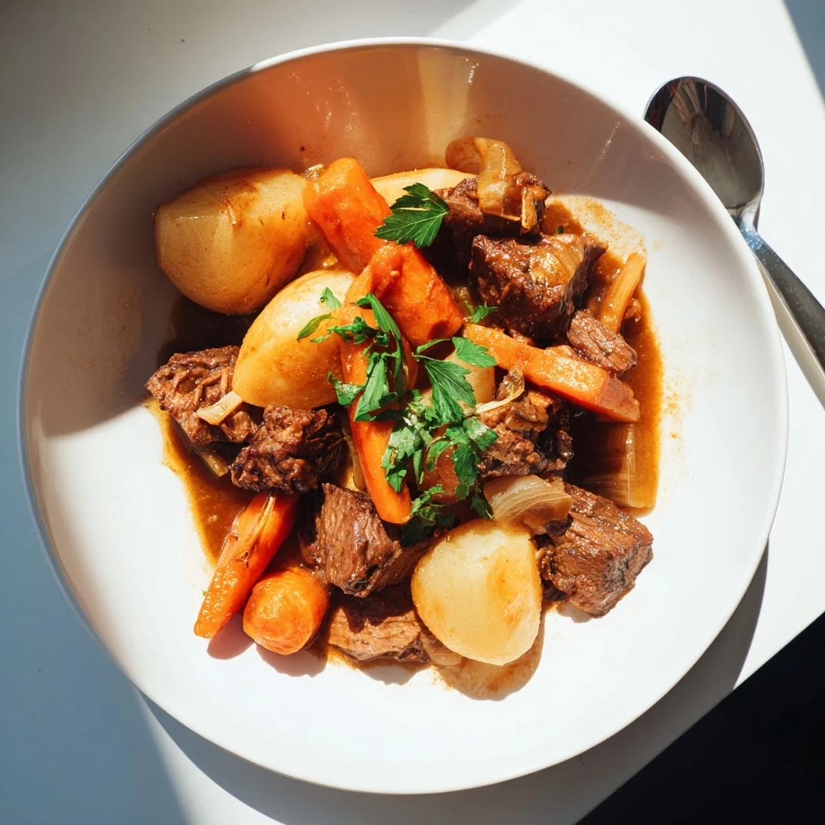 Irish Beef Stew with Rich Gravy ladled into a rustic ceramic bowl, showcasing chunks of beef, root vegetables, and herbs in a dark sauce.