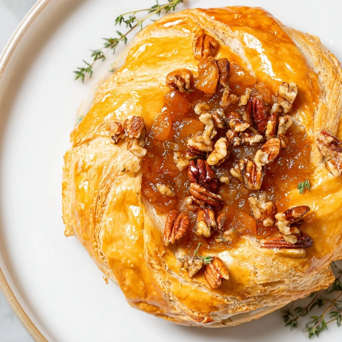 Golden Baked Brie with Apricot Preserves and Pecans wrapped in flaky puff pastry, served warm with a sliced baguette.