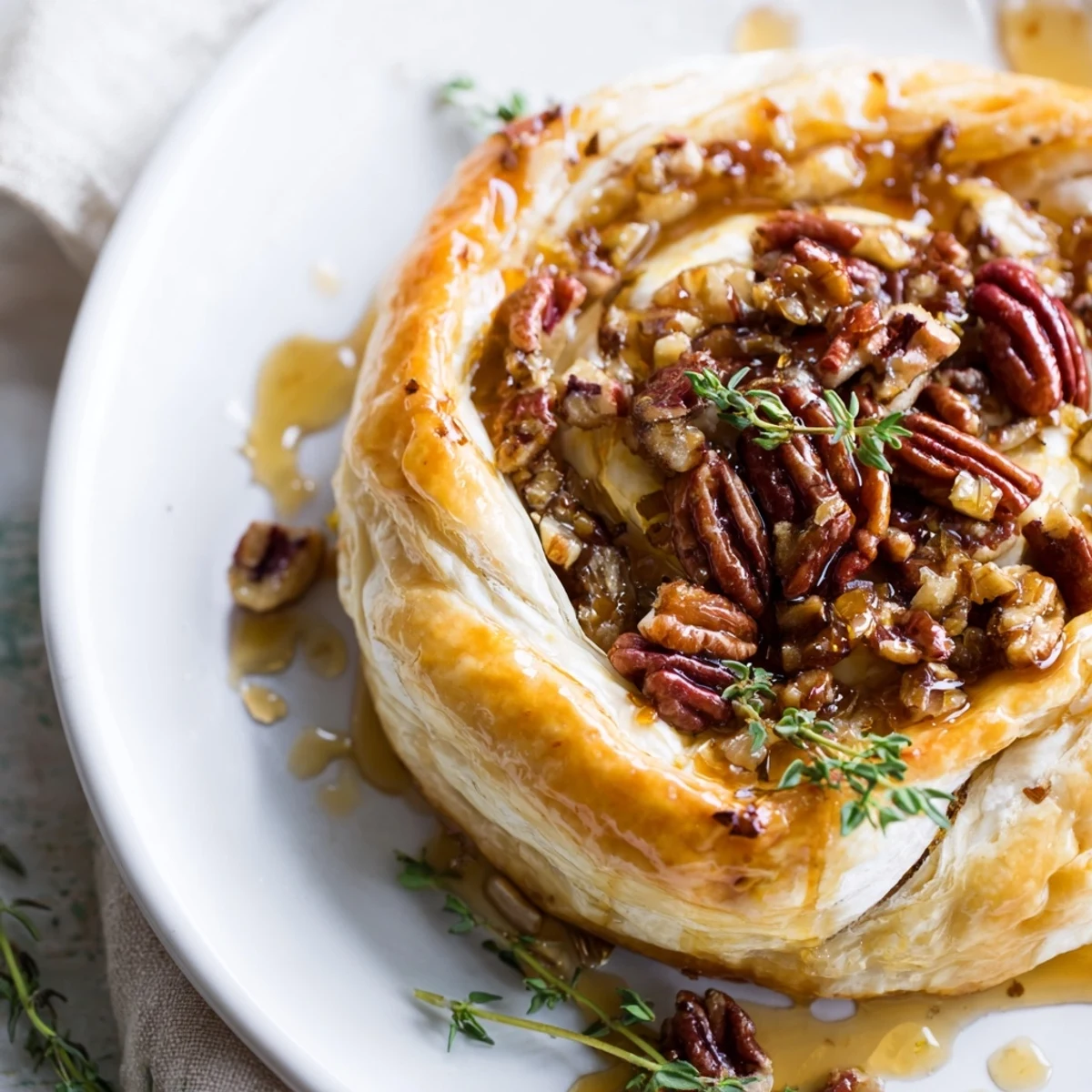 A creamy wheel of Baked Brie with Apricot Preserves and Pecans bubbling under a toasted nut topping.
