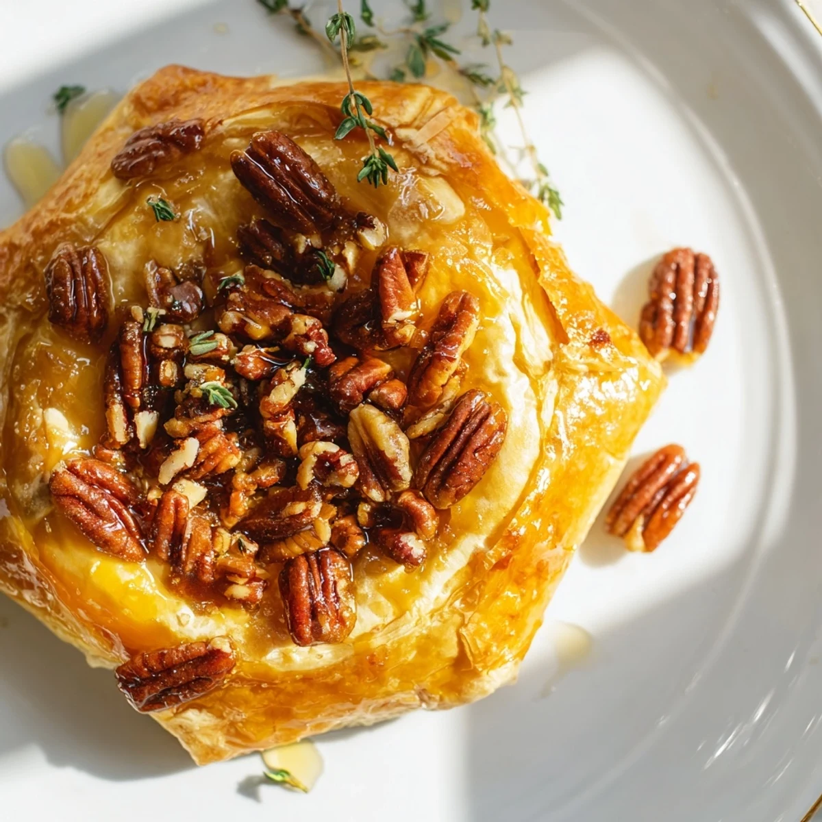 Freshly baked Baked Brie with Apricot Preserves and Pecans garnished with thyme on a wooden serving board.