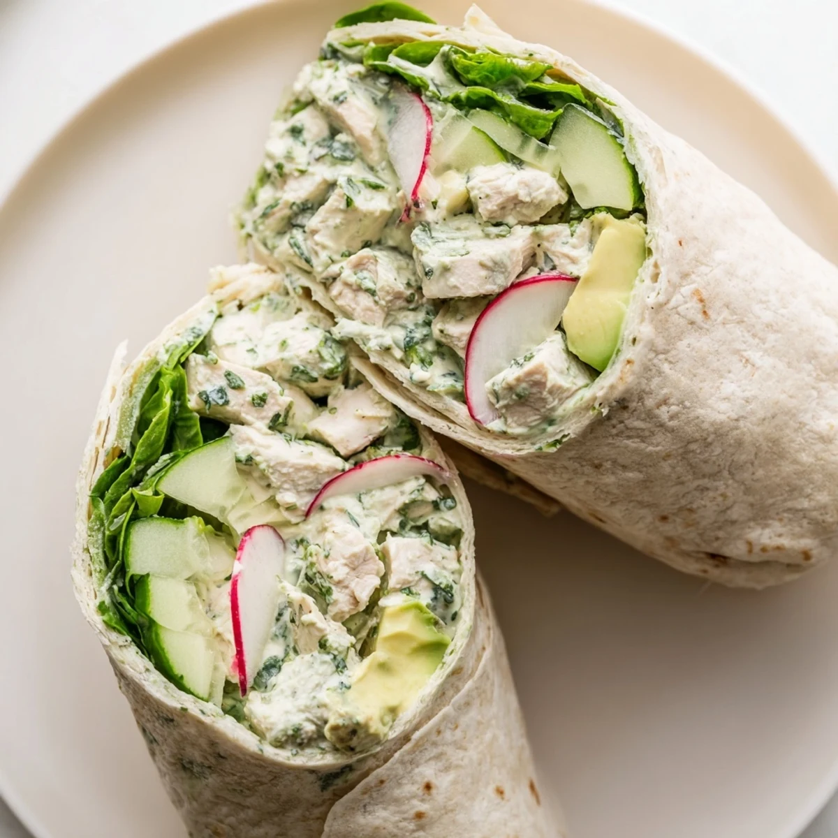 Four large flour tortillas are filled with creamy Green Goddess Chicken Salad, sliced cucumbers, radishes, and avocado.
