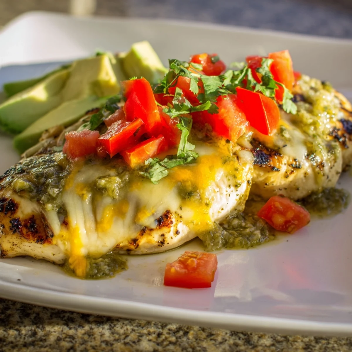 Juicy Grilled Salsa Verde Pepper Jack Chicken breasts with melted cheese and cilantro garnish.