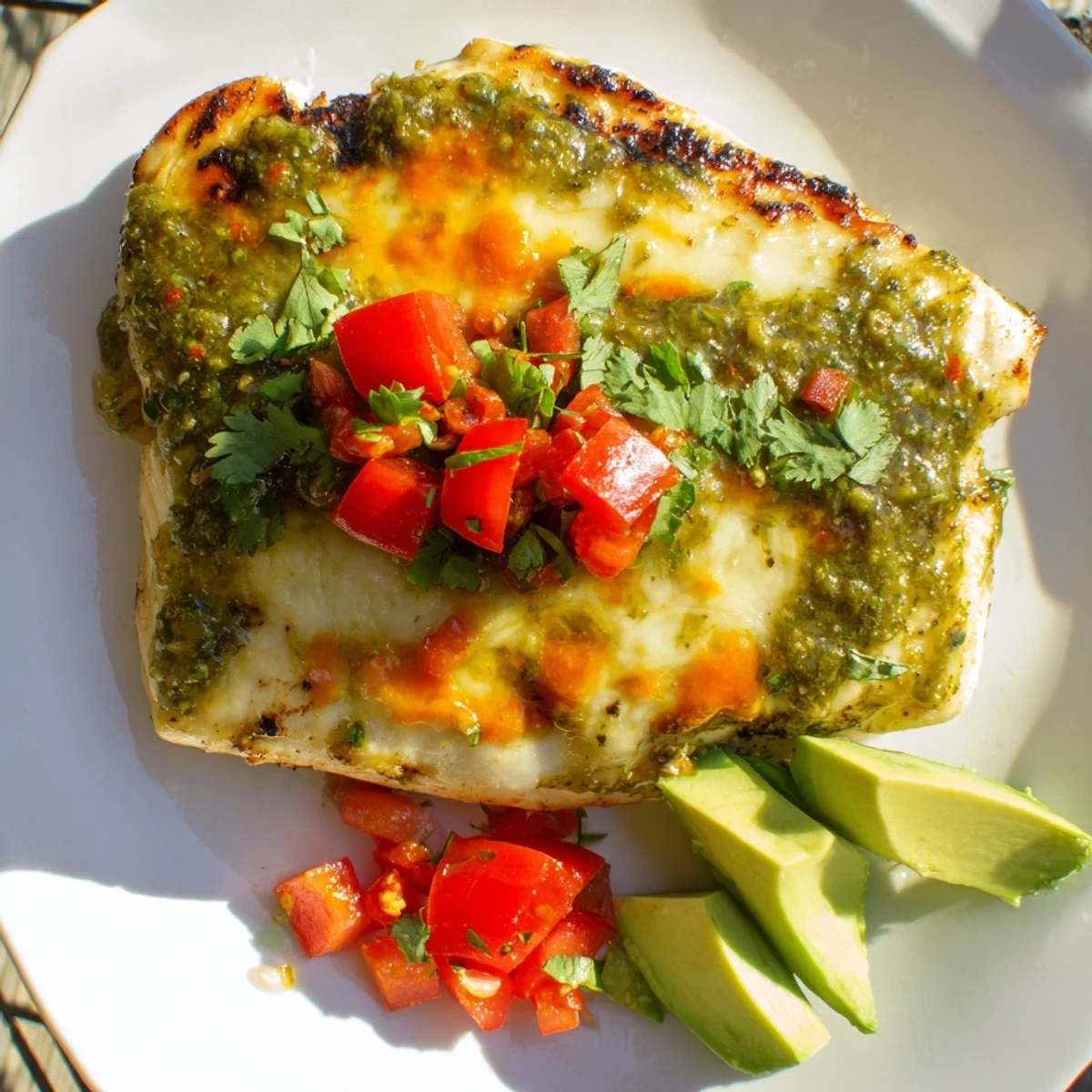 A close-up of Grilled Salsa Verde Pepper Jack Chicken served with lime wedges.
