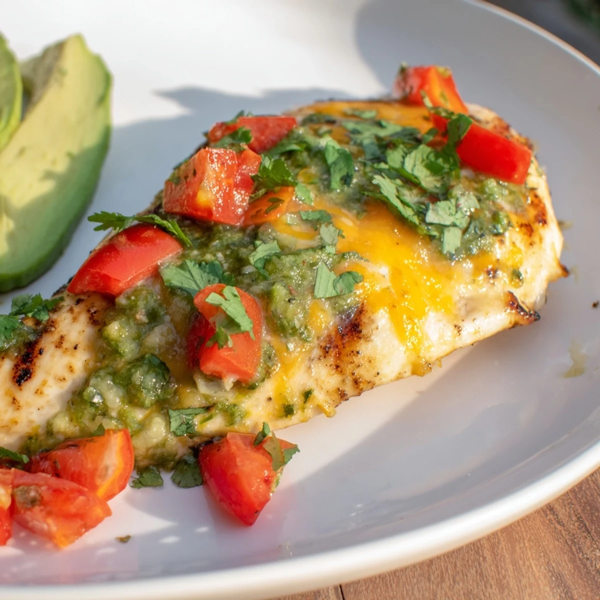 Sizzling Grilled Salsa Verde Pepper Jack Chicken fresh off the grill with toppings.