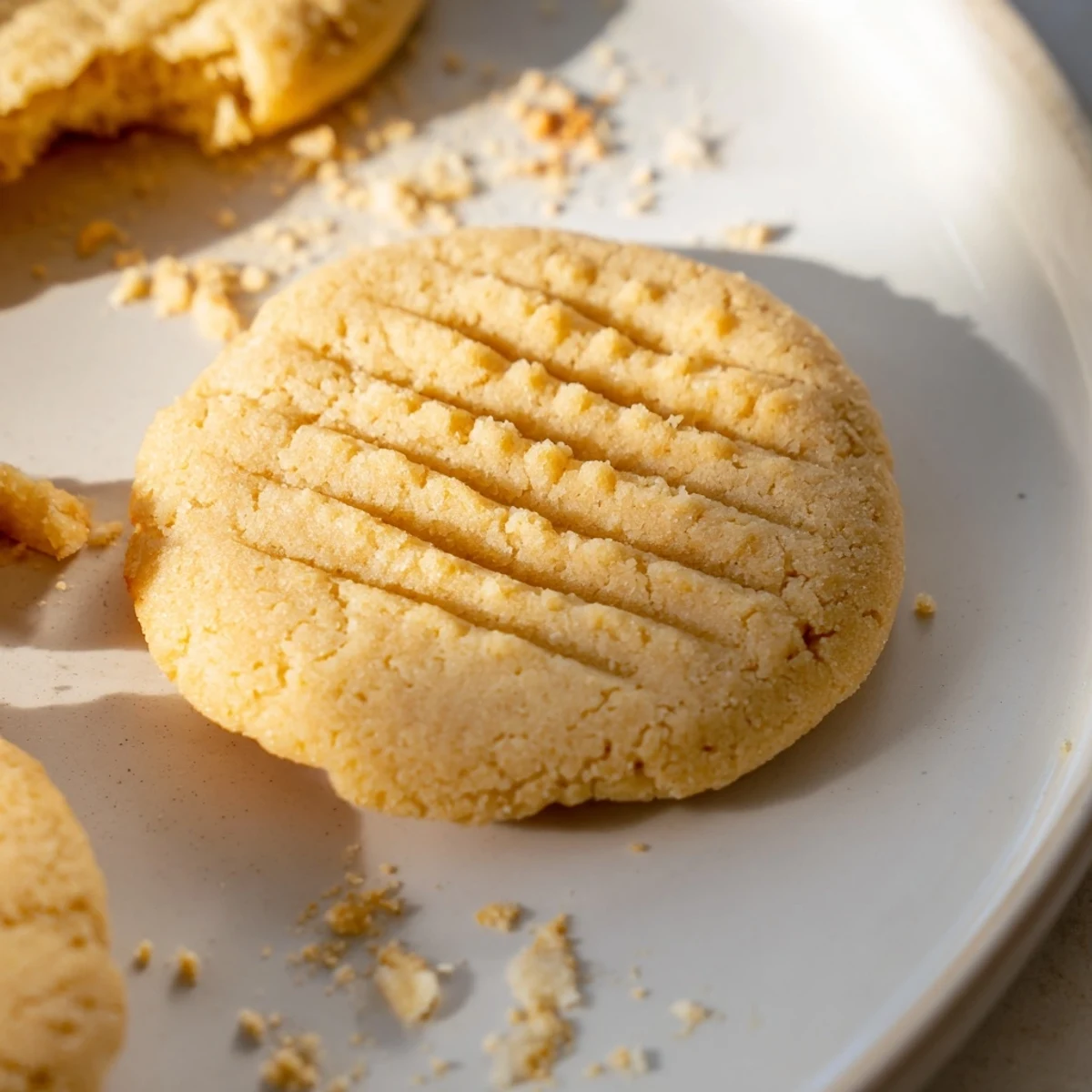 A close-up of golden Keto Butter Cookies with a crisscross fork pattern, showing their melt-in-your-mouth texture.