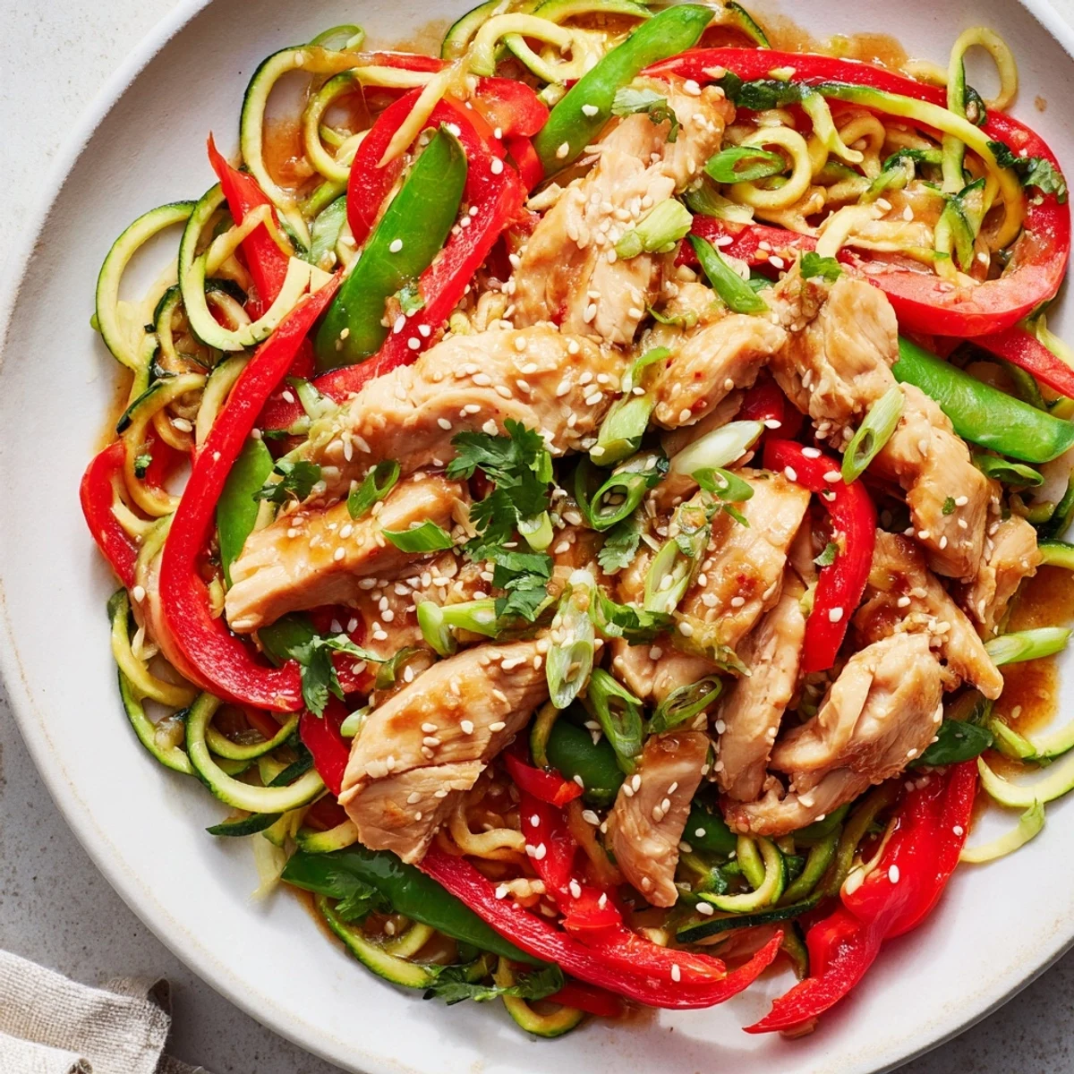 Garlic Chicken Zucchini Noodles Stir Fry shows tender chicken pieces and green zucchini noodles coated in a glossy savory sauce.