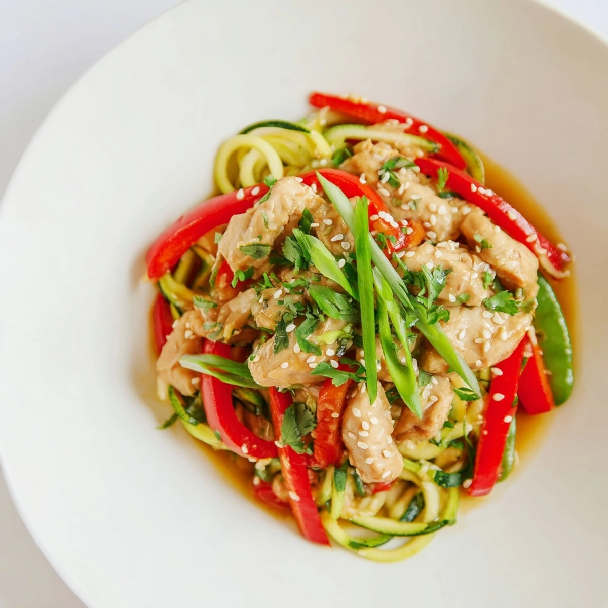 This low carb Garlic Chicken Zucchini Noodles Stir Fry offers a quick, healthy dinner with crisp veggies and fresh garnish.
