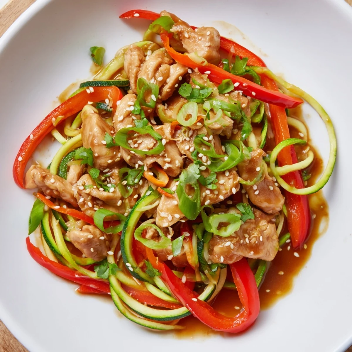 Bright colors and a steamy aroma fill the scene as Garlic Chicken Zucchini Noodles Stir Fry is plated with sesame seeds.