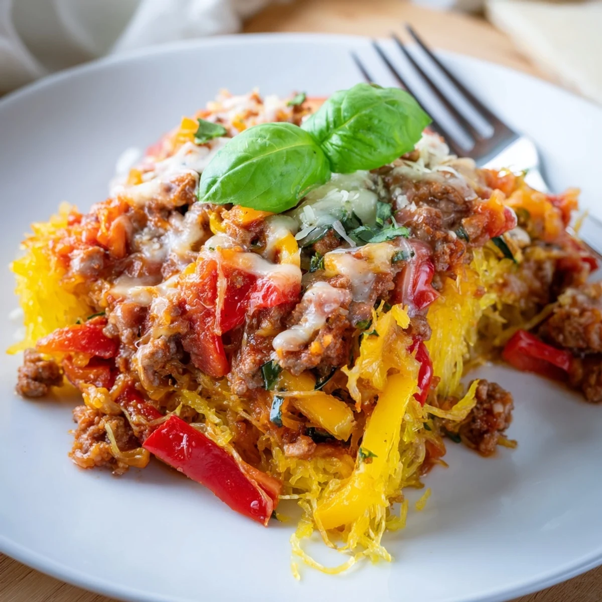 Close-up of Sausage and Peppers Spaghetti Squash Casserole topped with bubbling cheese, showing Italian sausage and colorful bell peppers.