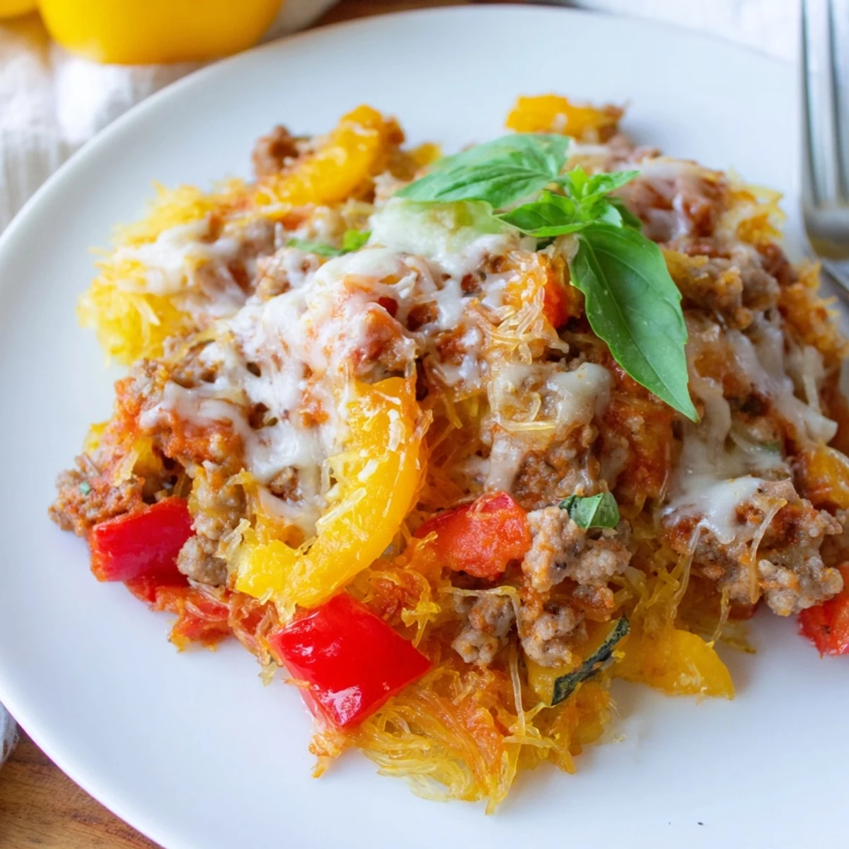 Golden baked Sausage and Peppers Spaghetti Squash Casserole with melted mozzarella and fresh basil garnish in a white dish.