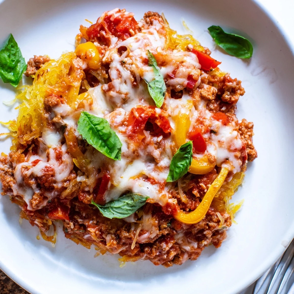 Serving suggestion for Sausage and Peppers Spaghetti Squash Casserole, low-carb Italian-American main dish served steaming hot from the oven.