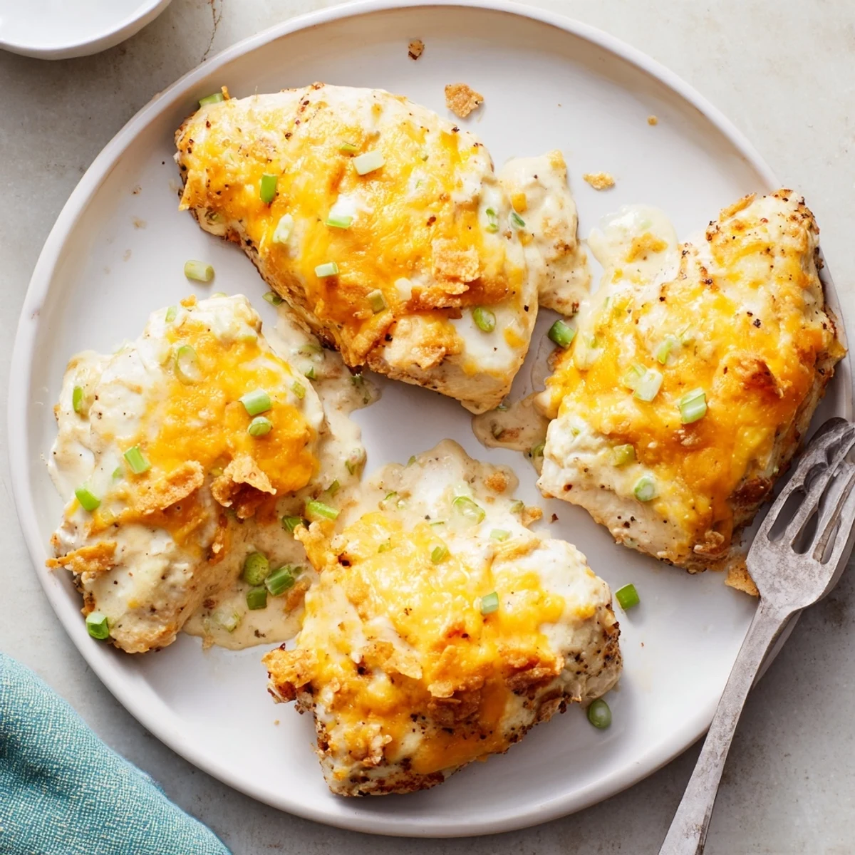 Tender Sour Cream and Onion Chicken served with fluffy mashed potatoes on a white plate, garnished with green onions.