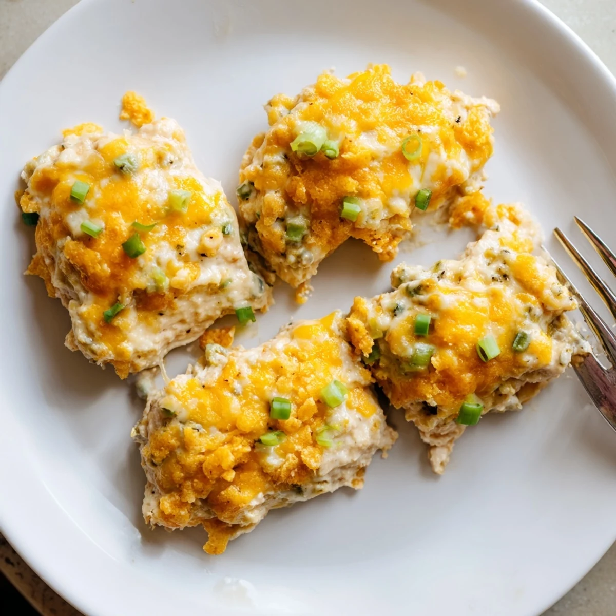 Golden-baked Sour Cream and Onion Chicken breasts coated in creamy sauce and topped with melted cheddar cheese.