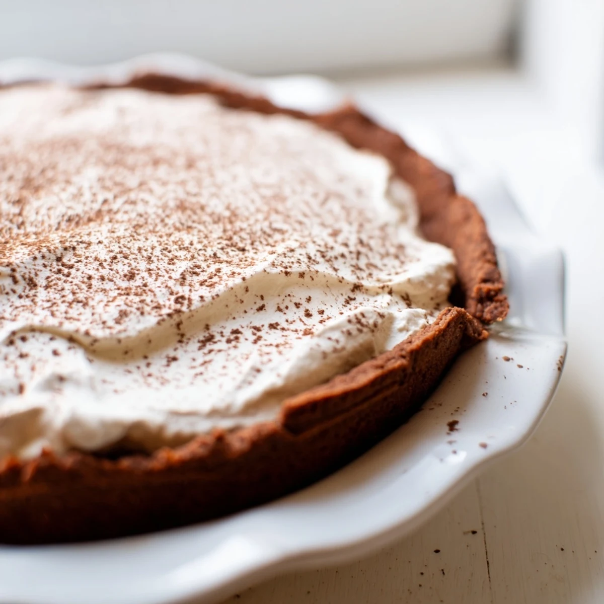 The Keto Cold Brew Coffee Pie shows a rich, dark filling and fluffy whipped topping in a crisp almond flour crust ready to serve.