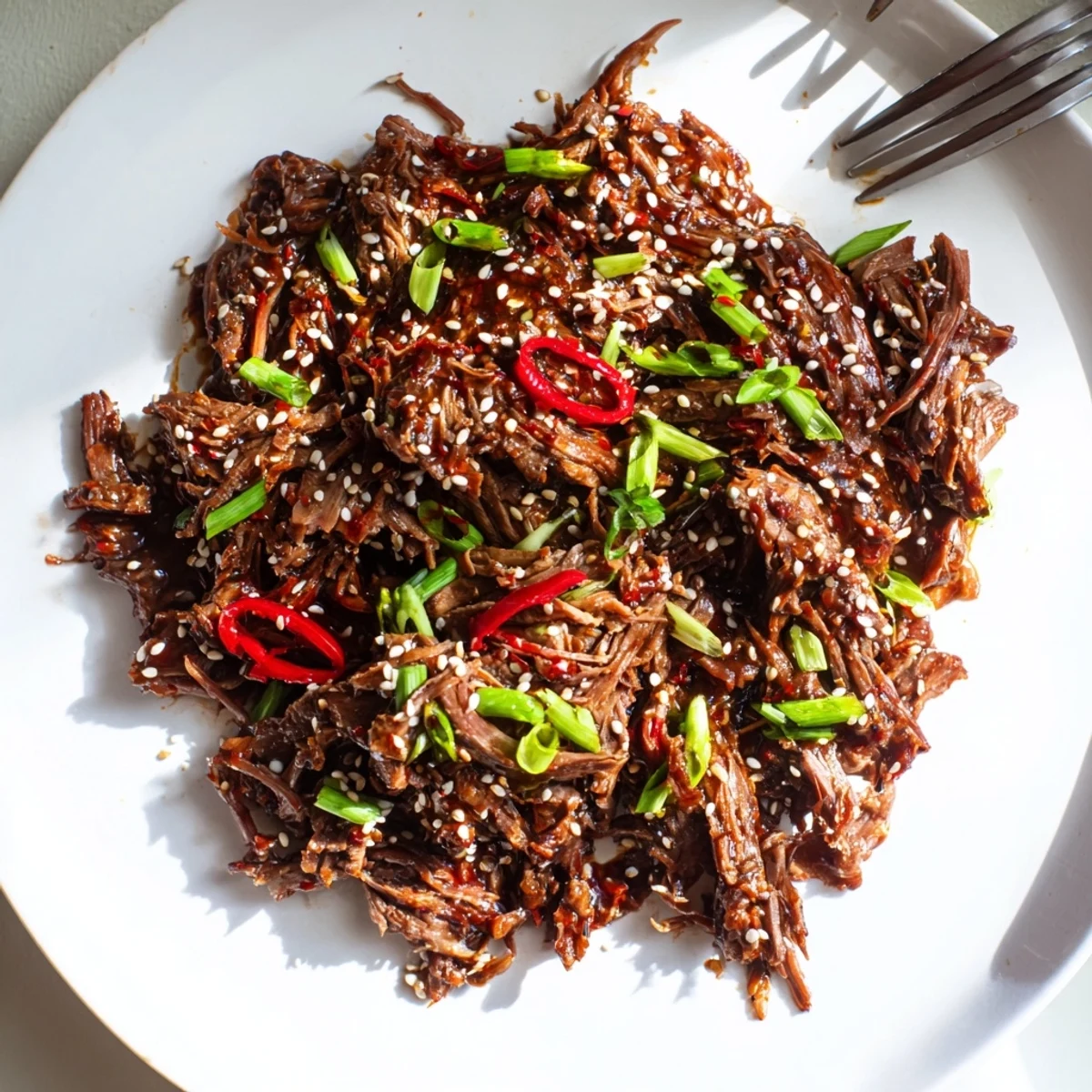 Shredded Slow Cooker Korean Beef glistens in a rustic bowl, garnished with green onions and sesame seeds over steamed rice.