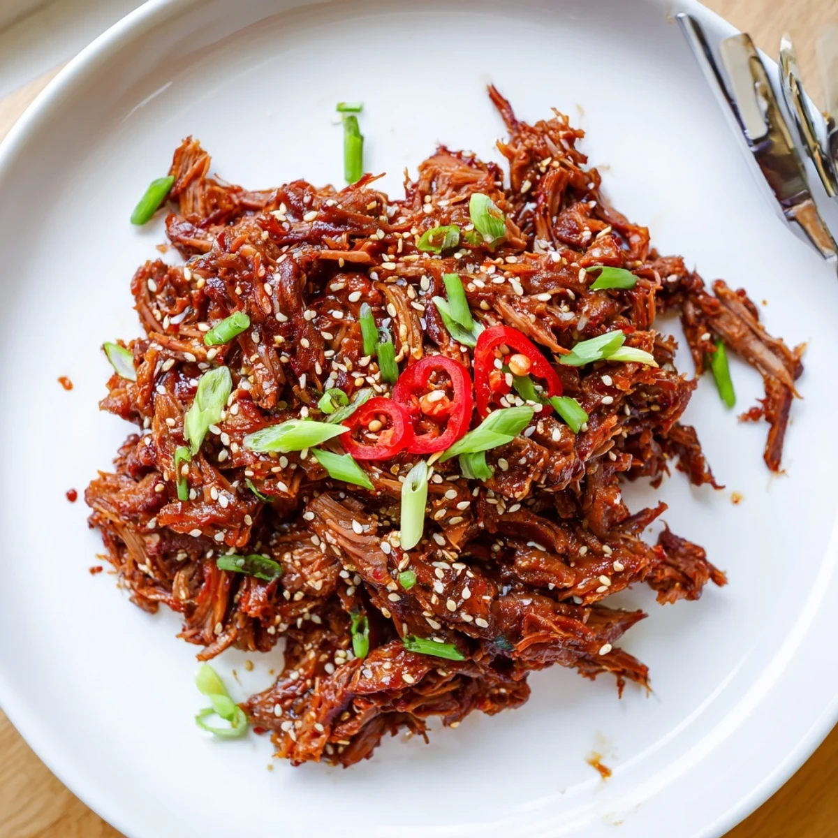 Sizzling Slow Cooker Korean Beef served in crisp lettuce wraps, topped with red chili slices and fresh green onions.