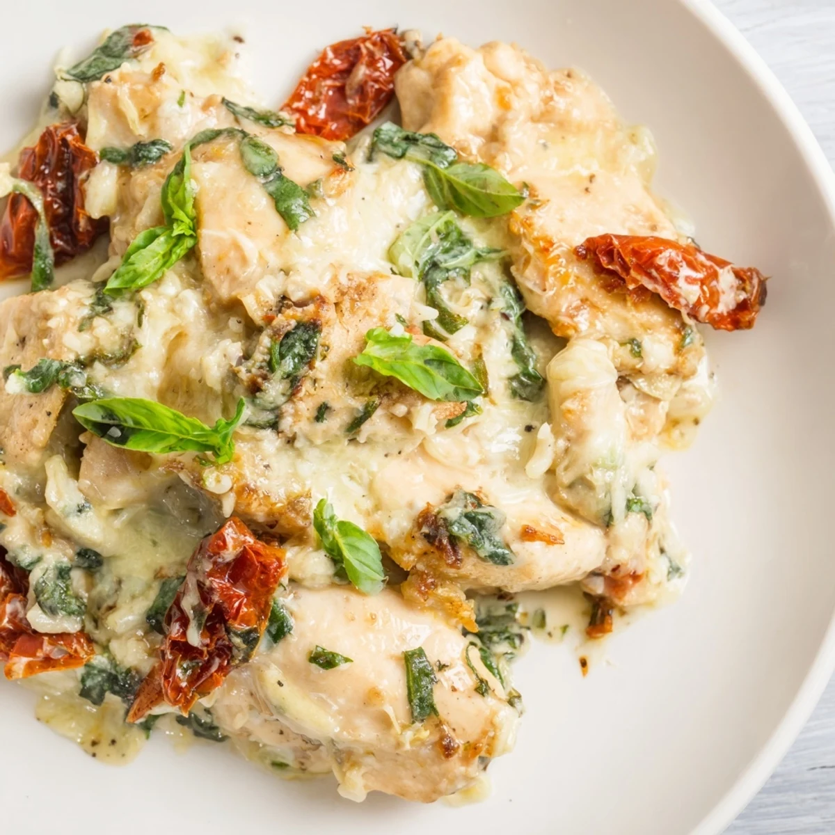Marry Me Low Carb Chicken Casserole emerges golden and bubbly from the oven, with sun-dried tomatoes and spinach peeking through melted mozzarella.